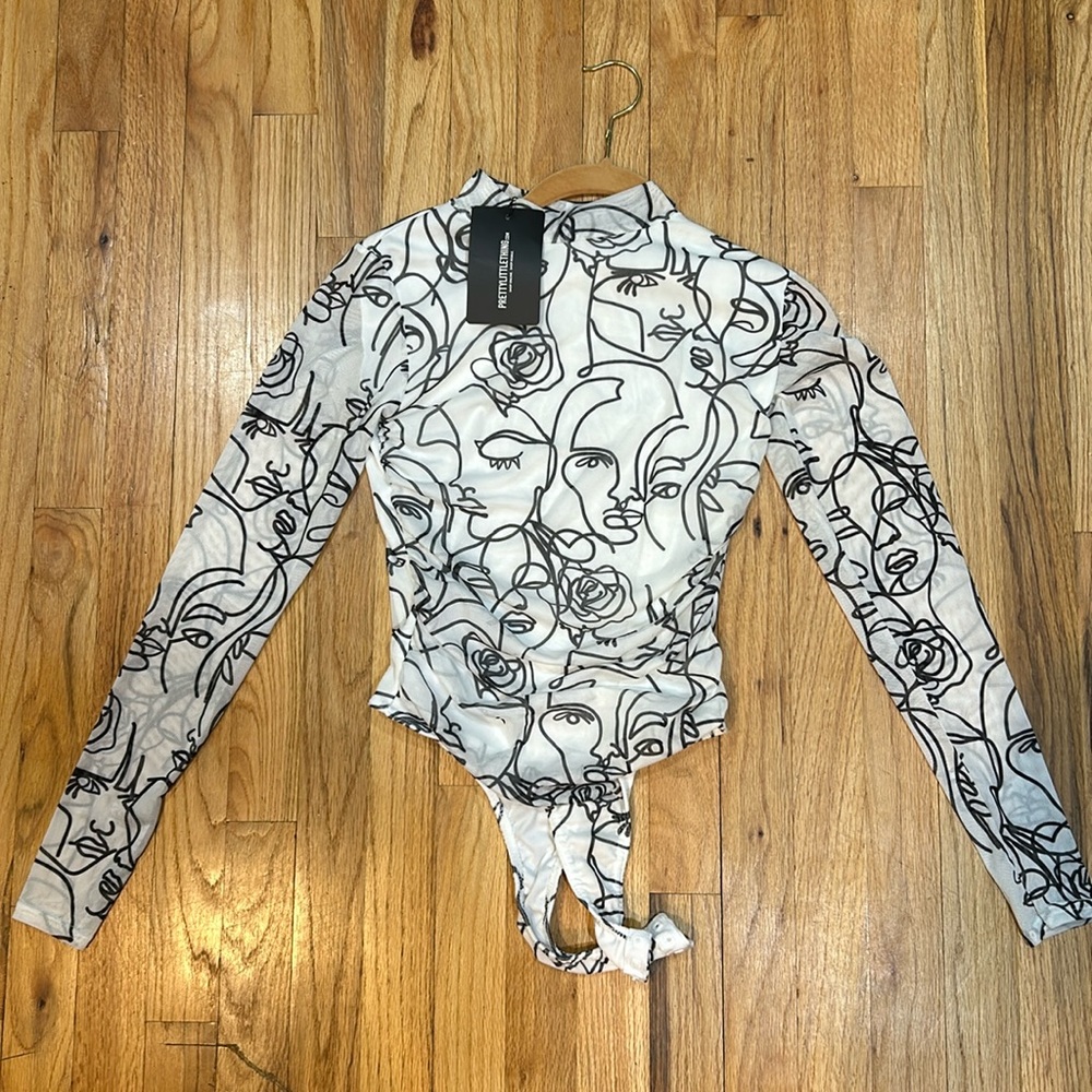 White faces printed mesh, high neck, bodysuit